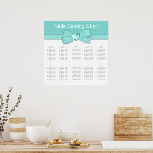 エレガントティール（緑がかった色）ブルー結婚の座席表 ポスター (キッチン)