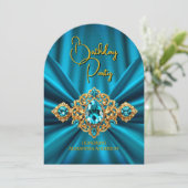 エレガントティール（緑がかった色）ブルー誕生日金ゴールドジュエルフェイクシルク 招待状 (スタンド正面)