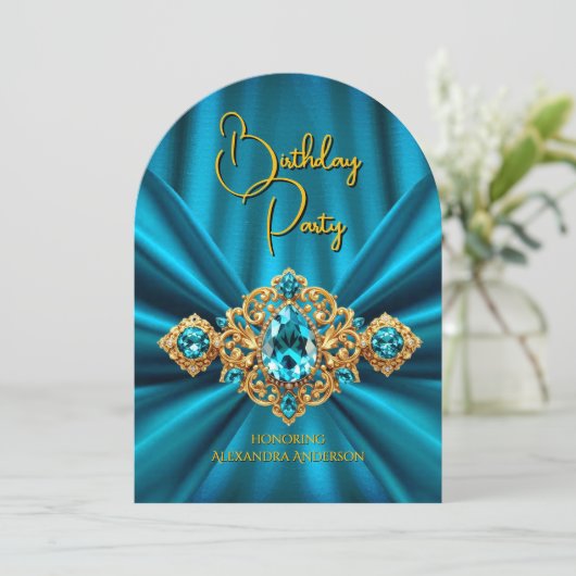 エレガントティール（緑がかった色）ブルー誕生日金ゴールドジュエルフェイクシルク 招待状 (スタンド正面)