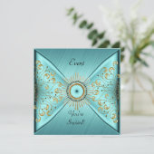 エレガントティール（緑がかった色）ブルー金ゴールドイベントパーティー 招待状 (スタンド正面)