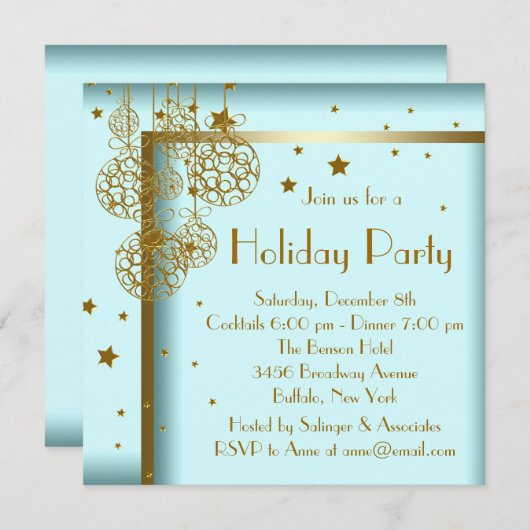 エレガントティール（緑がかった色）ブルー金ゴールドクリスマスパーティの招待状 招待状 (正面/裏面)