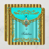 エレガントティール（緑がかった色）ブルー金ゴールドファブラス50th誕生日3 招待状 (正面/裏面)