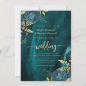 エレガントティール(緑がかった色)ブルー金ゴールドフローラQRコード結婚 招待状 (正面)