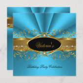 エレガントティール（緑がかった色）ブルー金ゴールドブラック誕生日パーティー 招待状 (正面/裏面)