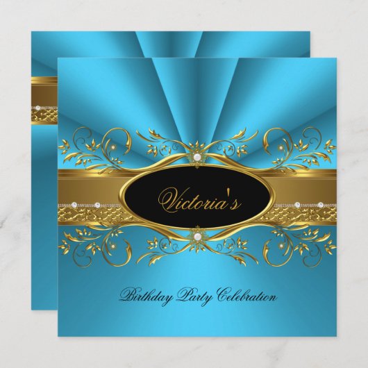 エレガントティール（緑がかった色）ブルー金ゴールドブラック誕生日パーティー 招待状 (正面/裏面)