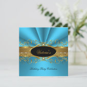 エレガントティール（緑がかった色）ブルー金ゴールドブラック誕生日パーティー 招待状 (スタンド正面)