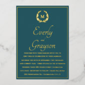 エレガントティール(緑がかった色)ブルー金ゴールドローレルリース結婚ズ 箔招待状 (正面)