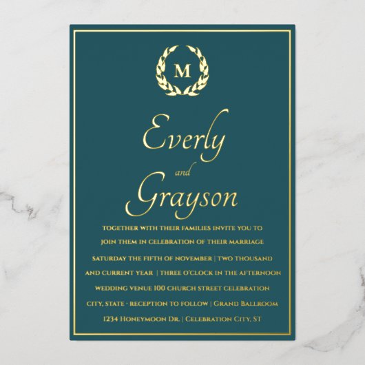 エレガントティール（緑がかった色）ブルー金ゴールドローレルリース結婚ズ 箔招待状 (正面)