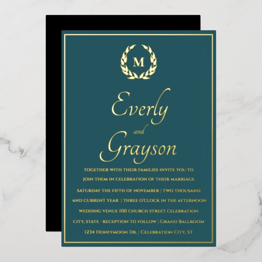 エレガントティール(緑がかった色)ブルー金ゴールドローレルリース結婚ズ 箔招待状 (正面/裏面)