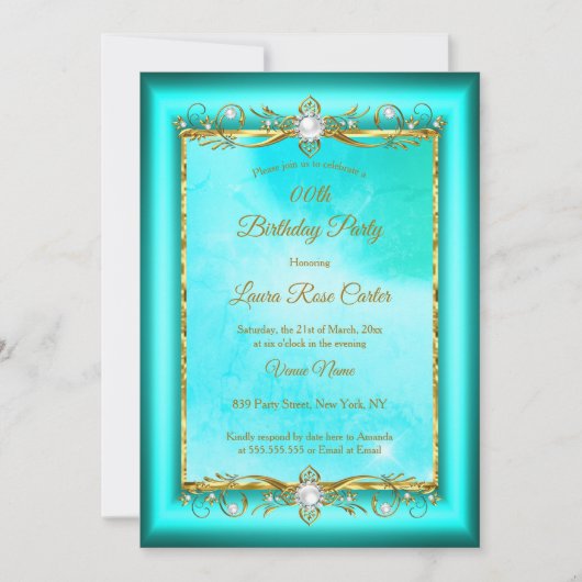 エレガントティール（緑がかった色）ブルー金ゴールド写真バースデーパーティー 招待状 (正面)