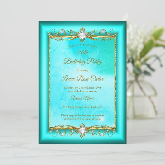 エレガントティール（緑がかった色）ブルー金ゴールド写真バースデーパーティー 招待状 (スタンド正面)