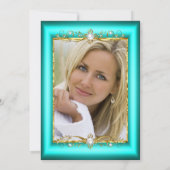 エレガントティール(緑がかった色)ブルー金ゴールド写真バースデーパーティー 招待状 (裏面)