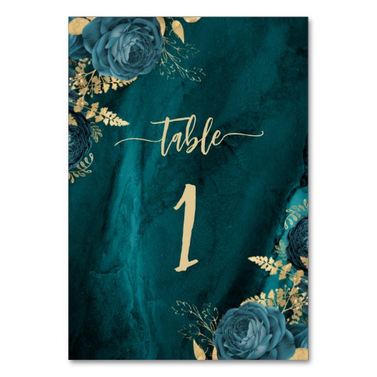 エレガントティール(緑がかった色)ブルー金ゴールド結婚フローラ テーブルナンバー (正面)