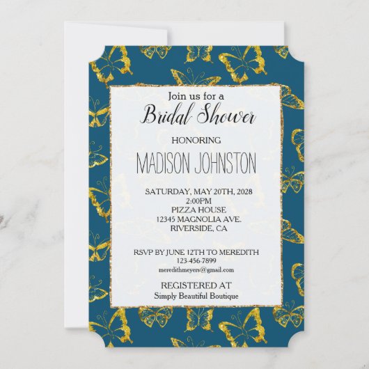 エレガントティール(緑がかった色)ブルー金ゴールド蝶ブライダルシャワー 招待状 (正面)