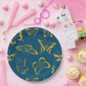 エレガントティール（緑がかった色）ブルー金ゴールド蝶誕生日 ペーパープレート (パーティー)