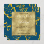 エレガントティール（緑がかった色）ブルー金ゴールド蝶誕生日 招待状 (正面/裏面)