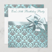 エレガントティール(緑がかった色)ブルー50th誕生日パーティー 招待状 (正面/裏面)