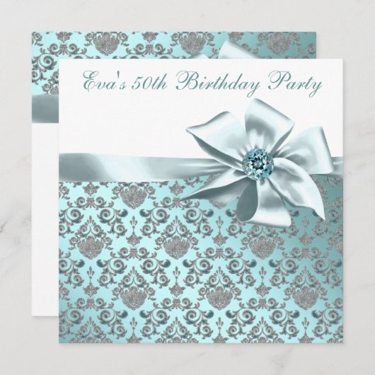 エレガントティール（緑がかった色）ブルー50th誕生日パーティー 招待状 (正面/裏面)