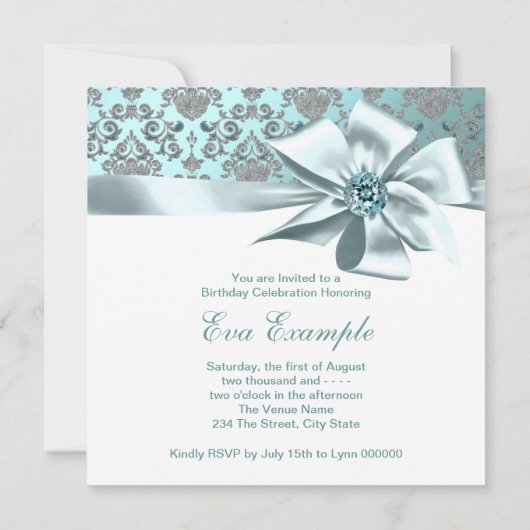 エレガントティール（緑がかった色）ブルー50th誕生日パーティー 招待状 (裏面)