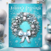 エレガントティール（緑がかった色）ブルー&シルバーリースクリスマス シーズンカード
