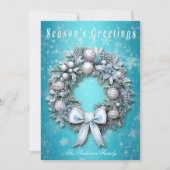 エレガントティール(緑がかった色)ブルー&シルバーリースクリスマス シーズンカード (正面)