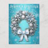 エレガントティール（緑がかった色）ブルー&シルバーリースクリスマス シーズンポストカード (正面)