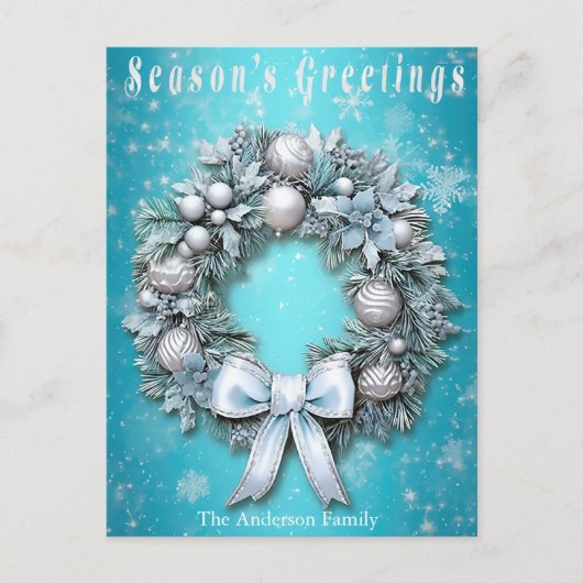 エレガントティール（緑がかった色）ブルー&シルバーリースクリスマス シーズンポストカード (正面)