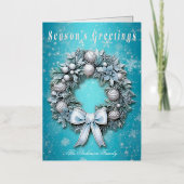 エレガントティール（緑がかった色）ブルー&シルバーリースクリスマス 箔シーズンカード (正面)
