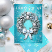 エレガントティール（緑がかった色）ブルー&シルバーリースクリスマス 箔シーズンカード