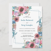 エレガントティール（緑がかった色）ブルー&ピンクウォーターカラーフローラ結婚ズ 招待状 (正面)