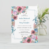 エレガントティール（緑がかった色）ブルー&ピンクウォーターカラーフローラ結婚ズ 招待状 (スタンド正面)