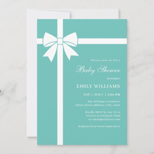 エレガントティール(緑がかった色)ブルー&ホワイトリボンバーブベイビーシャワー 招待状 (正面)