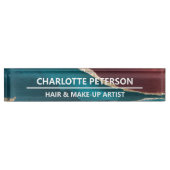 エレガントティール(緑がかった色)ブルー&金ゴールドアゲートマーブルウォーターカラー  デスクネームプレート (正面)