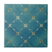 エレガントティール（緑がかった色）ブルー&金ゴールドスクウェア タイル (正面)