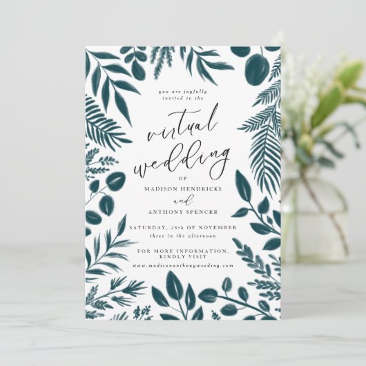 エレガントティール(緑がかった色)ボタニカル結婚ヴァーチャル 招待状 (スタンド正面)
