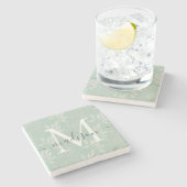 エレガントティール(緑がかった色)ボタニカル離れモノグラムのスクリプト名 ストーンコースター (横)