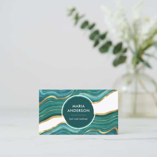 エレガントティール（緑がかった色）モダン金ゴールドアゲートゲードジェムストーン 名刺 (スタンド正面)