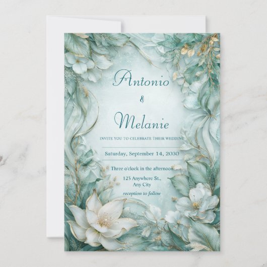 エレガントティール（緑がかった色）ロータスフローラ結婚式招待状 招待状 (正面)