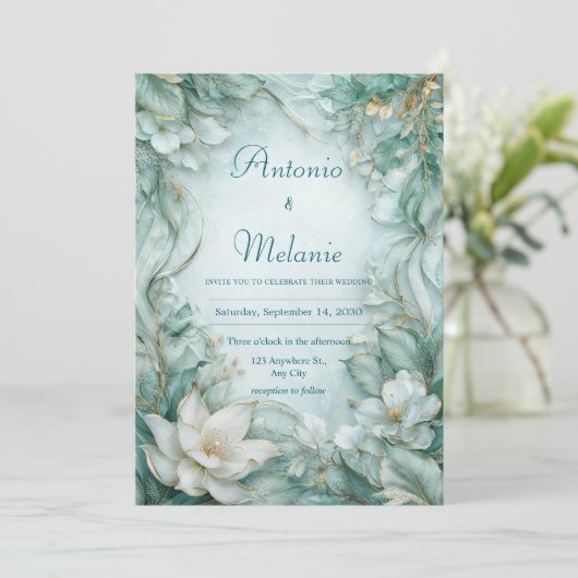 エレガントティール（緑がかった色）ロータスフローラ結婚式招待状 招待状 (スタンド正面)