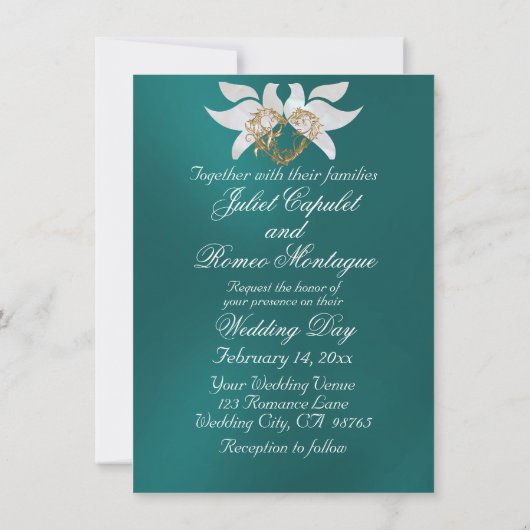 エレガントティール（緑がかった色）上のドーム、ハート、および葉金ゴールド 招待状 (裏面)