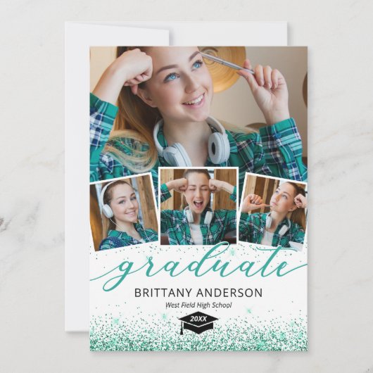 エレガントティール（緑がかった色）卒業式4写真招待状 招待状 (正面)