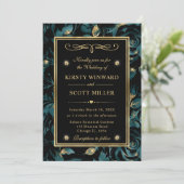 エレガントティール（緑がかった色）及び金ゴールドバラフローラルパタ結婚ーン 招待状 (スタンド正面)