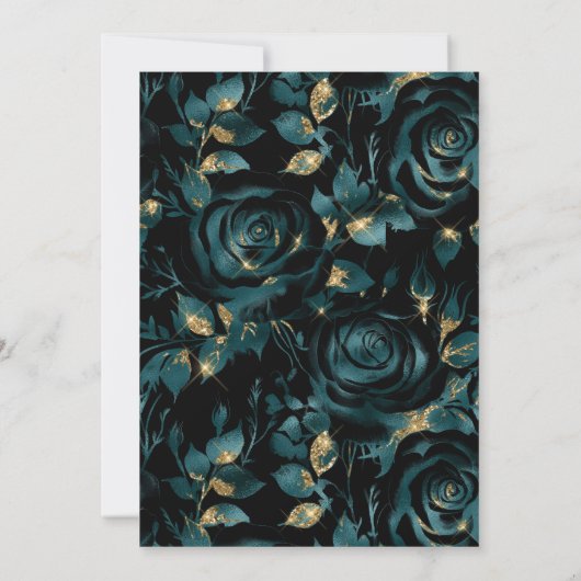 エレガントティール(緑がかった色)及び金ゴールドバラフローラルパタ結婚ーン 招待状 (裏面)