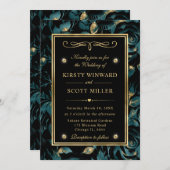 エレガントティール（緑がかった色）及び金ゴールドバラフローラルパタ結婚ーン 招待状 (正面/裏面)