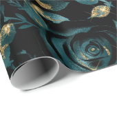 エレガントティール（緑がかった色）及び金ゴールドバラ花柄 ラッピングペーパー (ロールコーナー)