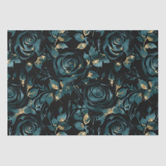 エレガントティール（緑がかった色）及び金ゴールドバラ花柄 薄葉紙 (正面)