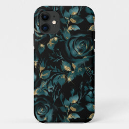 エレガントティール（緑がかった色）及び金ゴールドバラ花柄 iPhone 11 ケース