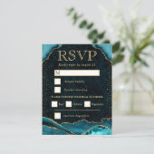 エレガントティール(緑がかった色)及び金ゴールドフェイクグリッターアゲ結婚ート 出欠カード (スタンド正面)