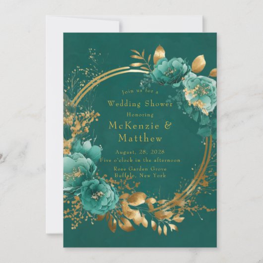 エレガントティール（緑がかった色）及び金ゴールドフローラウェディングシャワー 招待状 (正面)