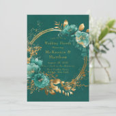 エレガントティール（緑がかった色）及び金ゴールドフローラウェディングシャワー 招待状 (スタンド正面)